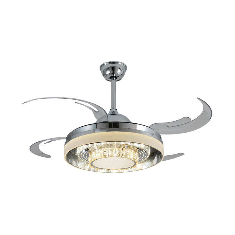 Round Acrylic Hanging Fan Lamp Modernist LED 42" W Living Room Semi Mount Lighting in Silver with Crystal Accent, 4 Clear Blades Clearhalo 'Ceiling Fans with Lights' 'Ceiling Fans' 'Modern Ceiling Fans' 'Modern' Lighting' 403417