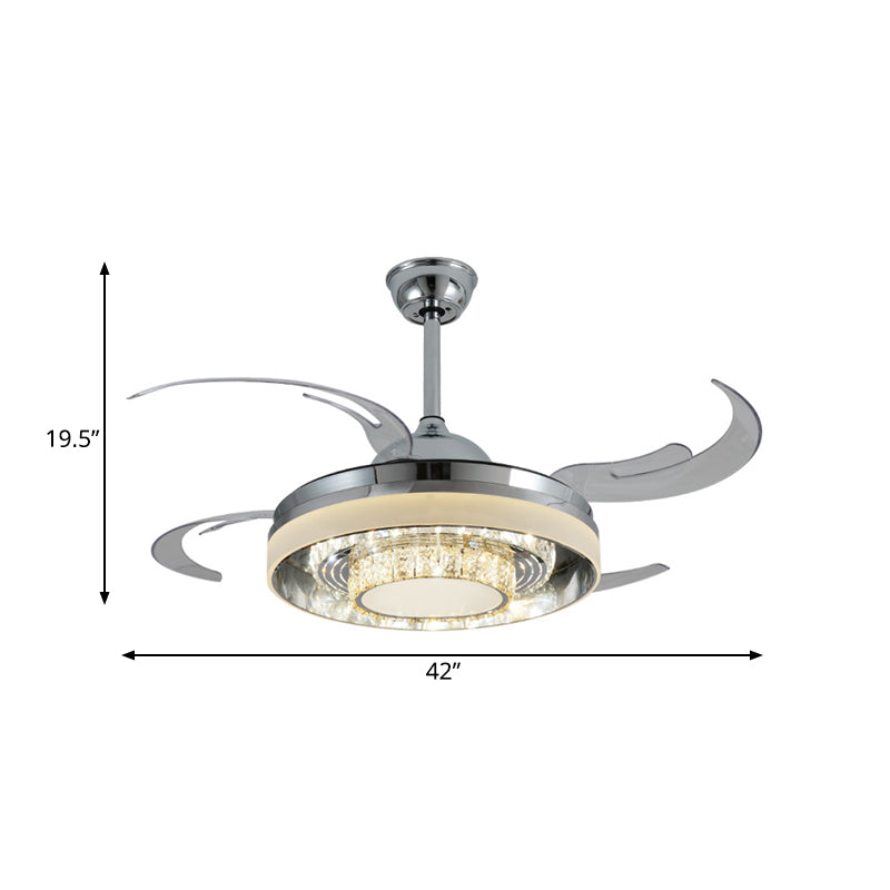 Round Acrylic Hanging Fan Lamp Modernist LED 42" W Living Room Semi Mount Lighting in Silver with Crystal Accent, 4 Clear Blades Clearhalo 'Ceiling Fans with Lights' 'Ceiling Fans' 'Modern Ceiling Fans' 'Modern' Lighting' 403418