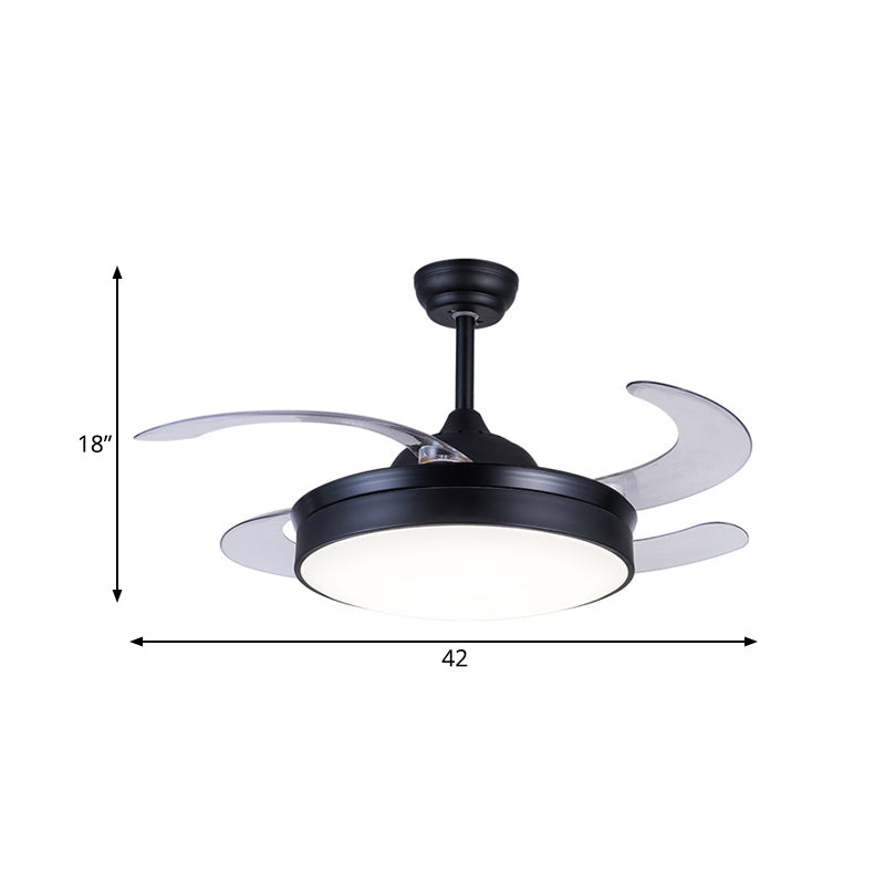 Acrylic Circle Pendant Fan Light Contemporary LED 42" W Bedroom 4 Clear Blades Semi Flush Mount Lighting in Black, Remote/Wall Control/Remote and Wall Control Clearhalo 'Ceiling Fans with Lights' 'Ceiling Fans' 'Modern Ceiling Fans' 'Modern' Lighting' 403428