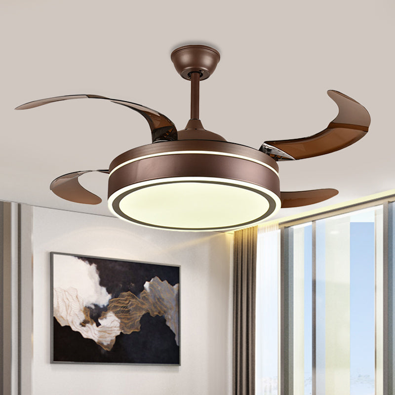 Coffee Ring Ceiling Fan Light Minimalism Acrylic LED Living Room Semi Mount Lighting with 4 Brown Blades, 42" Width Coffee Clearhalo 'Ceiling Fans with Lights' 'Ceiling Fans' 'Modern Ceiling Fans' 'Modern' Lighting' 403445