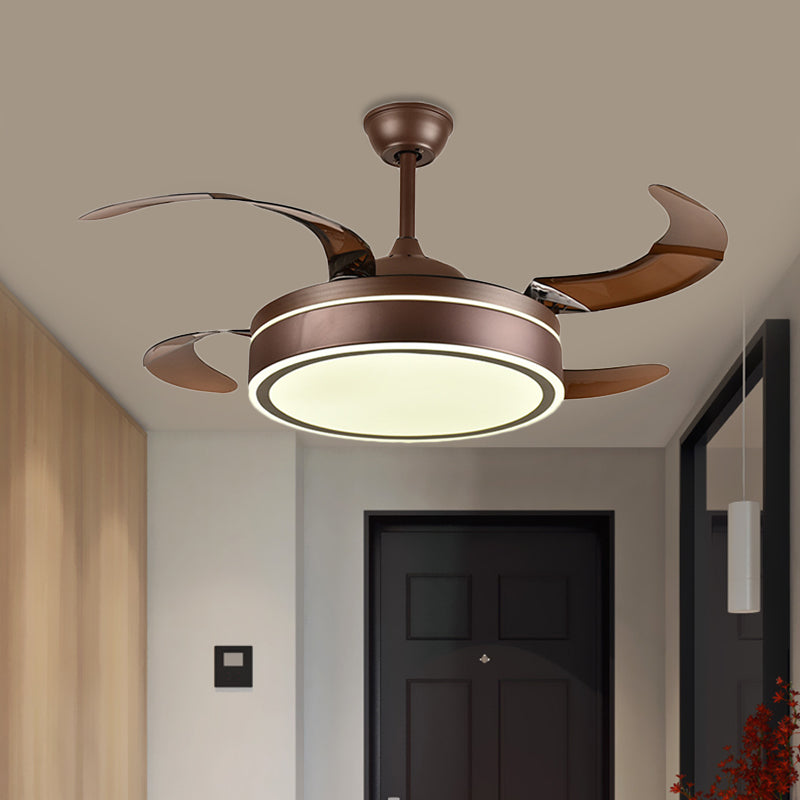 Coffee Ring Ceiling Fan Light Minimalism Acrylic LED Living Room Semi Mount Lighting with 4 Brown Blades, 42" Width Clearhalo 'Ceiling Fans with Lights' 'Ceiling Fans' 'Modern Ceiling Fans' 'Modern' Lighting' 403447