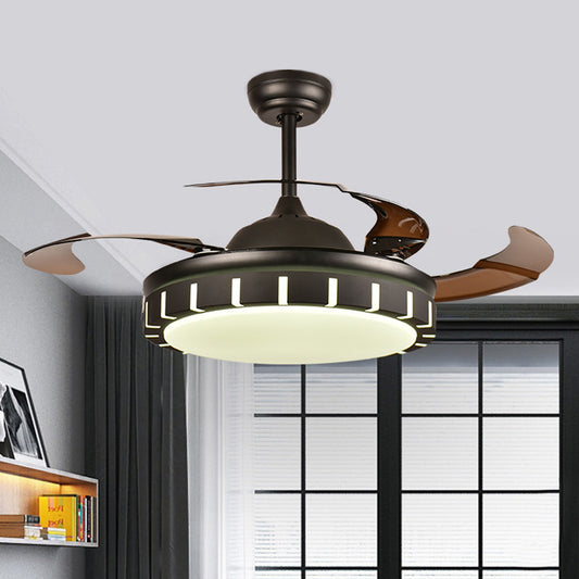 Metal Black Hanging Fan Light Circle LED Minimalist 4 Brown Blades Semi Flush Mount Ceiling Fixture with 4 Brown Blades for Bedroom, 36"/42" Width Black Clearhalo 'Ceiling Fans with Lights' 'Ceiling Fans' 'Modern Ceiling Fans' 'Modern' Lighting' 403450