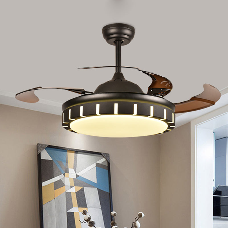 Metal Black Hanging Fan Light Circle LED Minimalist 4 Brown Blades Semi Flush Mount Ceiling Fixture with 4 Brown Blades for Bedroom, 36"/42" Width Clearhalo 'Ceiling Fans with Lights' 'Ceiling Fans' 'Modern Ceiling Fans' 'Modern' Lighting' 403451