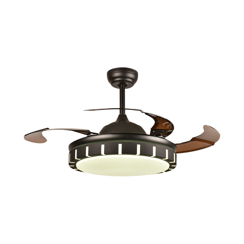 Metal Black Hanging Fan Light Circle LED Minimalist 4 Brown Blades Semi Flush Mount Ceiling Fixture with 4 Brown Blades for Bedroom, 36"/42" Width Clearhalo 'Ceiling Fans with Lights' 'Ceiling Fans' 'Modern Ceiling Fans' 'Modern' Lighting' 403453