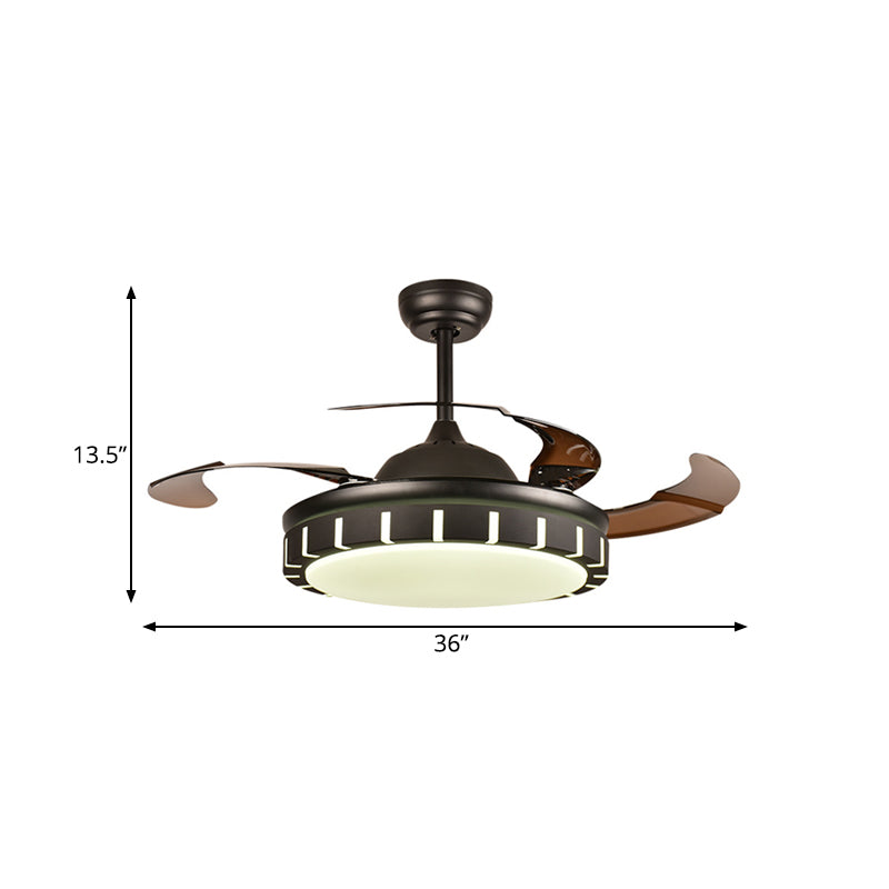 Metal Black Hanging Fan Light Circle LED Minimalist 4 Brown Blades Semi Flush Mount Ceiling Fixture with 4 Brown Blades for Bedroom, 36"/42" Width Clearhalo 'Ceiling Fans with Lights' 'Ceiling Fans' 'Modern Ceiling Fans' 'Modern' Lighting' 403454
