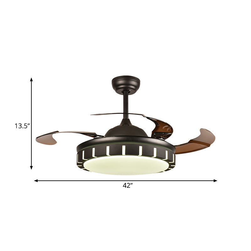Metal Black Hanging Fan Light Circle LED Minimalist 4 Brown Blades Semi Flush Mount Ceiling Fixture with 4 Brown Blades for Bedroom, 36"/42" Width Clearhalo 'Ceiling Fans with Lights' 'Ceiling Fans' 'Modern Ceiling Fans' 'Modern' Lighting' 403455