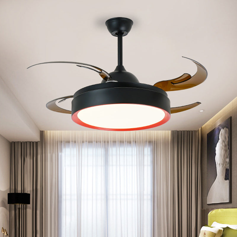 Simplicity Round Pendant Fan Lamp 42" W LED Metal Semi Flush Ceiling Light in Black for Bedroom, 4 Brown Blades Black Clearhalo 'Ceiling Fans with Lights' 'Ceiling Fans' 'Modern Ceiling Fans' 'Modern' Lighting' 403456