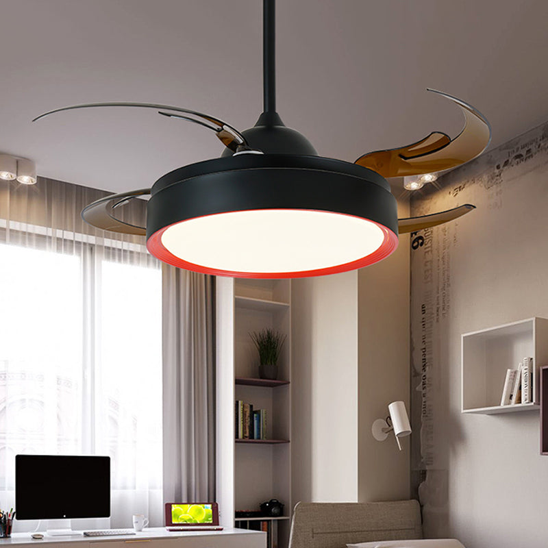 Simplicity Round Pendant Fan Lamp 42" W LED Metal Semi Flush Ceiling Light in Black for Bedroom, 4 Brown Blades Clearhalo 'Ceiling Fans with Lights' 'Ceiling Fans' 'Modern Ceiling Fans' 'Modern' Lighting' 403457