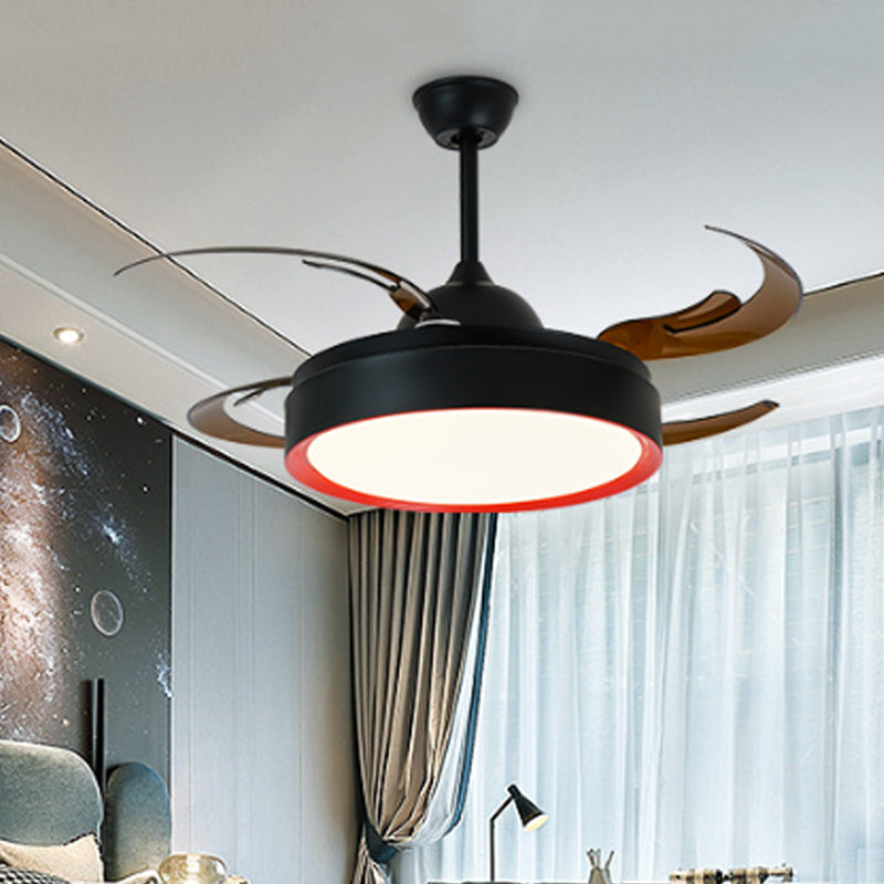 Simplicity Round Pendant Fan Lamp 42" W LED Metal Semi Flush Ceiling Light in Black for Bedroom, 4 Brown Blades Clearhalo 'Ceiling Fans with Lights' 'Ceiling Fans' 'Modern Ceiling Fans' 'Modern' Lighting' 403458