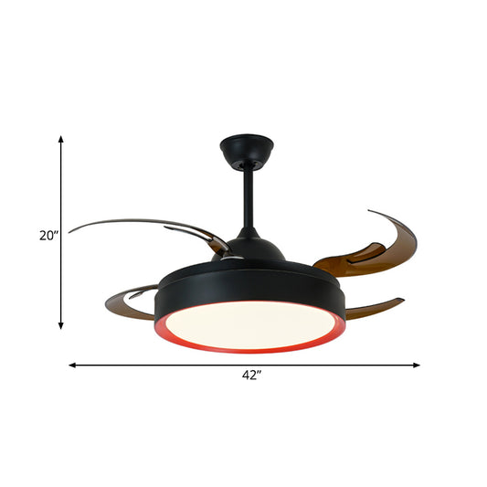Simplicity Round Pendant Fan Lamp 42" W LED Metal Semi Flush Ceiling Light in Black for Bedroom, 4 Brown Blades Clearhalo 'Ceiling Fans with Lights' 'Ceiling Fans' 'Modern Ceiling Fans' 'Modern' Lighting' 403460