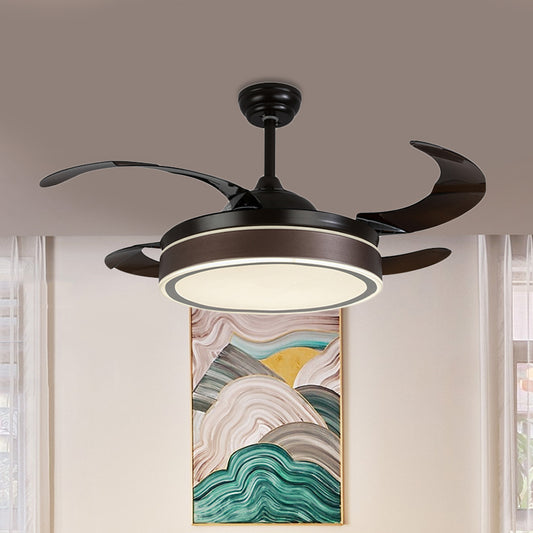 42" W LED Fan Lighting Simple Circular Acrylic Semi Flush Mount Ceiling Light in Coffee with 4 Brown Blades, Remote/Wall Control/Remote and Wall Control Clearhalo 'Ceiling Fans with Lights' 'Ceiling Fans' 'Modern Ceiling Fans' 'Modern' Lighting' 403462
