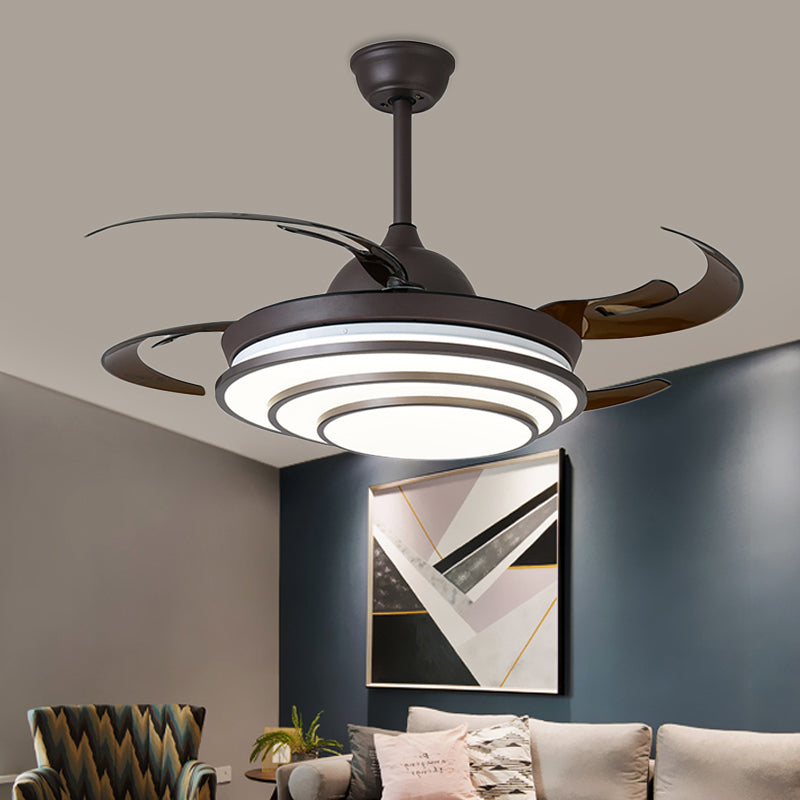 Circle Acrylic Ceiling Fan Light Modern LED Living Room Semi Flush Mount in Dark Coffee with 4 Brown Blades, 42" Wide Dark Coffee Clearhalo 'Ceiling Fans with Lights' 'Ceiling Fans' 'Modern Ceiling Fans' 'Modern' Lighting' 403466