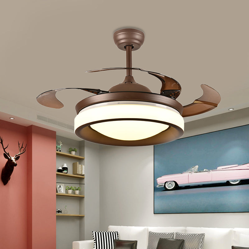 Coffee Round Hanging Fan Lamp Modernism Metal 42" W LED Living Room Semi Flush Light with 4 Brown Blades Clearhalo 'Ceiling Fans with Lights' 'Ceiling Fans' 'Modern Ceiling Fans' 'Modern' Lighting' 403473