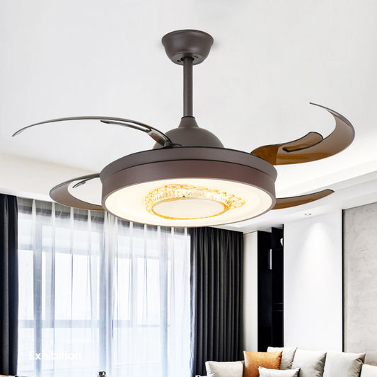 Acrylic Coffee Hanging Fan Lighting Circular LED 42" W Modernist Semi Flush Mount Light Fixture for Bedroom, 4 Brown Blades Clearhalo 'Ceiling Fans with Lights' 'Ceiling Fans' 'Modern Ceiling Fans' 'Modern' Lighting' 403477