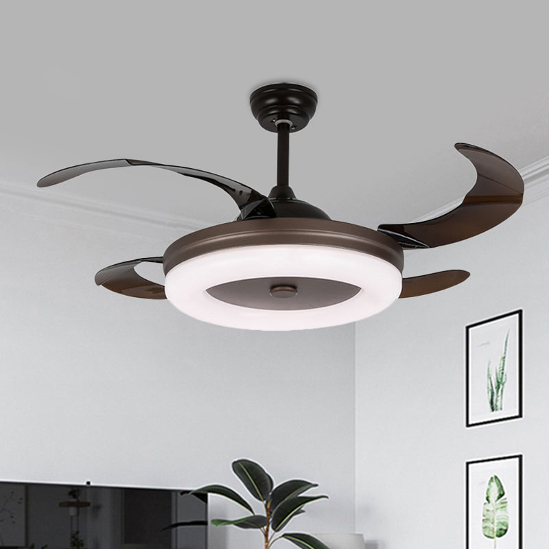 42" W Simple Circle Pendant Fan Light LED Metal Semi Flush Mount Lighting in Coffee with 4 Blades, Remote/Wall Control/Remote and Wall Control Clearhalo 'Ceiling Fans with Lights' 'Ceiling Fans' 'Modern Ceiling Fans' 'Modern' Lighting' 403482