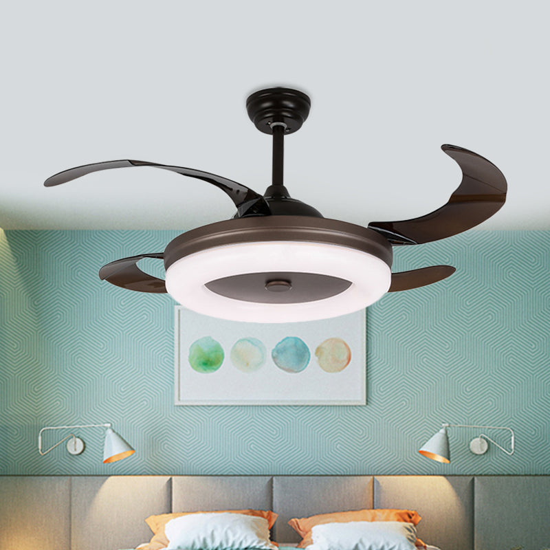 42" W Simple Circle Pendant Fan Light LED Metal Semi Flush Mount Lighting in Coffee with 4 Blades, Remote/Wall Control/Remote and Wall Control Clearhalo 'Ceiling Fans with Lights' 'Ceiling Fans' 'Modern Ceiling Fans' 'Modern' Lighting' 403483