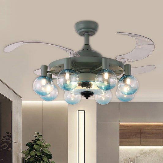 42" W 8-Light Fan Lamp Simplicity Bedroom 4 Blades Semi Flush Light Fixture with Globe Clear Glass Shade in Dark Green, Remote Control/Remote and Wall Control/Frequency Conversion and Remote Control Clearhalo 'Ceiling Fans with Lights' 'Ceiling Fans' 'Modern Ceiling Fans' 'Modern' Lighting' 403487