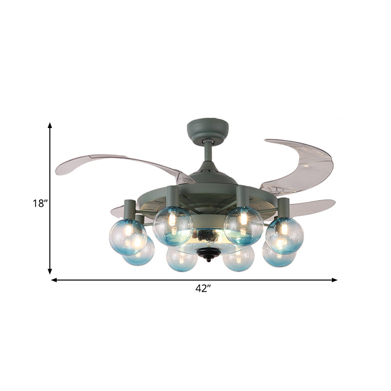 42" W 8-Light Fan Lamp Simplicity Bedroom 4 Blades Semi Flush Light Fixture with Globe Clear Glass Shade in Dark Green, Remote Control/Remote and Wall Control/Frequency Conversion and Remote Control Clearhalo 'Ceiling Fans with Lights' 'Ceiling Fans' 'Modern Ceiling Fans' 'Modern' Lighting' 403490