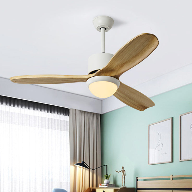 White Bowl Pendant Fan Lighting Minimalism Wooden LED Living Room Semi-Flush Mount with 3 Wood Blades, 52" Wide White Clearhalo 'Ceiling Fans with Lights' 'Ceiling Fans' 'Modern Ceiling Fans' 'Modern' Lighting' 403536