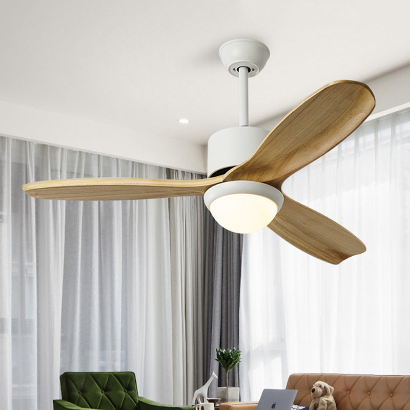 White Bowl Pendant Fan Lighting Minimalism Wooden LED Living Room Semi-Flush Mount with 3 Wood Blades, 52" Wide Clearhalo 'Ceiling Fans with Lights' 'Ceiling Fans' 'Modern Ceiling Fans' 'Modern' Lighting' 403537