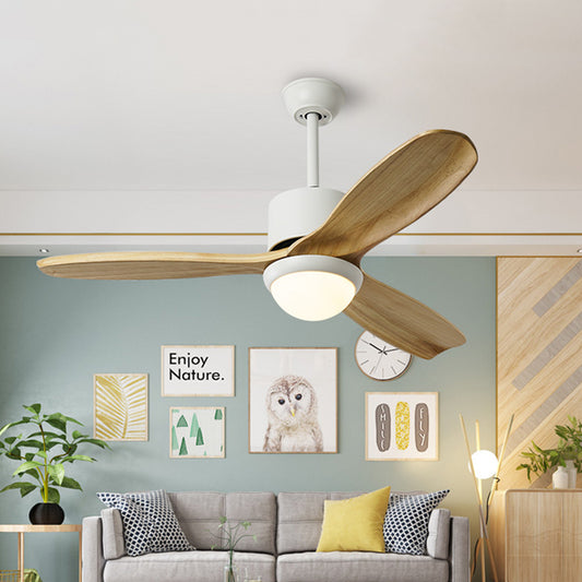 White Bowl Pendant Fan Lighting Minimalism Wooden LED Living Room Semi-Flush Mount with 3 Wood Blades, 52" Wide Clearhalo 'Ceiling Fans with Lights' 'Ceiling Fans' 'Modern Ceiling Fans' 'Modern' Lighting' 403538