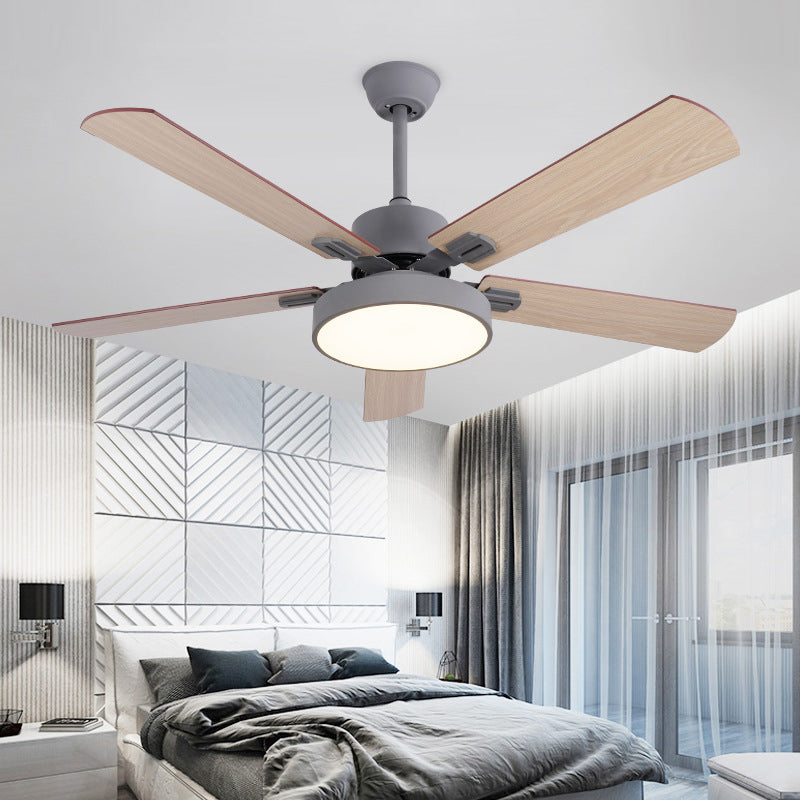 Circle Bedroom Ceiling Fan Lighting Modernism Metal Led Grey White Semi Flush Mount Light Fixture With 5 Wood Blades 52 Width Clearhalo