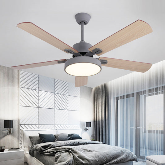 Circle Bedroom Ceiling Fan Lighting Modernism Metal LED Grey/White Semi Flush Mount Light Fixture with 5 Wood Blades, 52" Width Grey Clearhalo 'Ceiling Fans with Lights' 'Ceiling Fans' 'Modern Ceiling Fans' 'Modern' Lighting' 403547