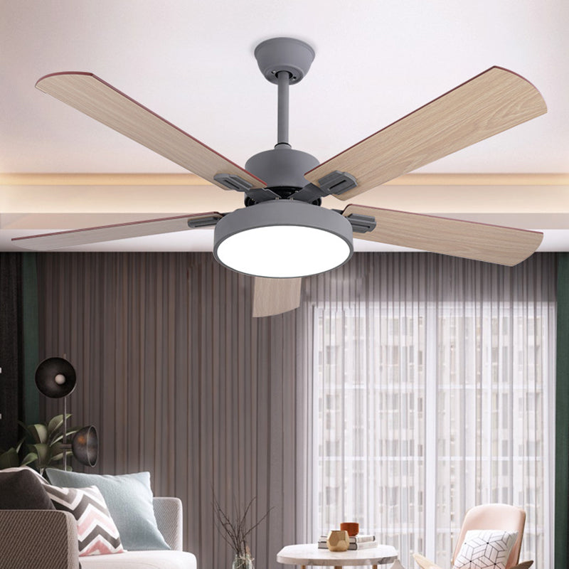 Circle Bedroom Ceiling Fan Lighting Modernism Metal LED Grey/White Semi Flush Mount Light Fixture with 5 Wood Blades, 52" Width Clearhalo 'Ceiling Fans with Lights' 'Ceiling Fans' 'Modern Ceiling Fans' 'Modern' Lighting' 403548