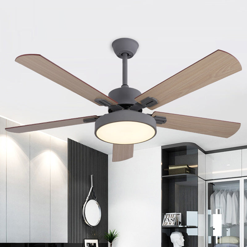Circle Bedroom Ceiling Fan Lighting Modernism Metal LED Grey/White Semi Flush Mount Light Fixture with 5 Wood Blades, 52" Width Clearhalo 'Ceiling Fans with Lights' 'Ceiling Fans' 'Modern Ceiling Fans' 'Modern' Lighting' 403549