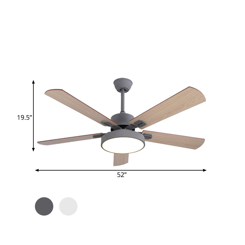 Circle Bedroom Ceiling Fan Lighting Modernism Metal LED Grey/White Semi Flush Mount Light Fixture with 5 Wood Blades, 52" Width Clearhalo 'Ceiling Fans with Lights' 'Ceiling Fans' 'Modern Ceiling Fans' 'Modern' Lighting' 403551