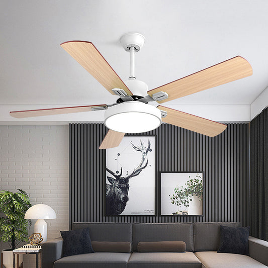 Circle Bedroom Ceiling Fan Lighting Modernism Metal LED Grey/White Semi Flush Mount Light Fixture with 5 Wood Blades, 52" Width White Clearhalo 'Ceiling Fans with Lights' 'Ceiling Fans' 'Modern Ceiling Fans' 'Modern' Lighting' 403552