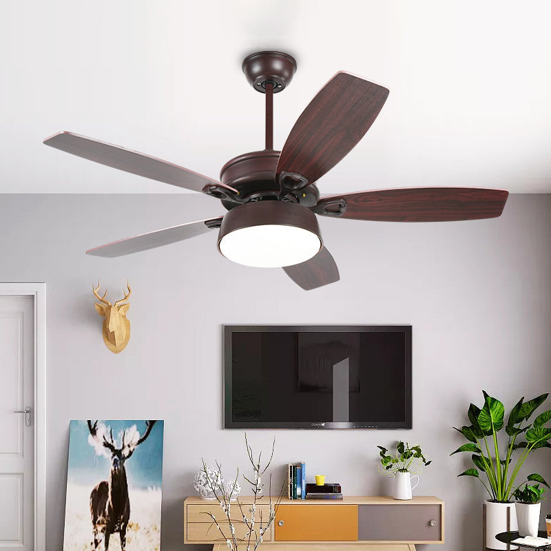 Drum Metallic Ceiling Fan Light Vintage Living Room 50" Wide LED Semi Flush Lamp in Coffee with Acrylic Shade, 5 Blades Coffee Clearhalo 'Ceiling Fans with Lights' 'Ceiling Fans' Lighting' 403589