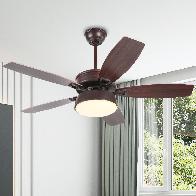 Drum Metallic Ceiling Fan Light Vintage Living Room 50" Wide LED Semi Flush Lamp in Coffee with Acrylic Shade, 5 Blades Clearhalo 'Ceiling Fans with Lights' 'Ceiling Fans' Lighting' 403590