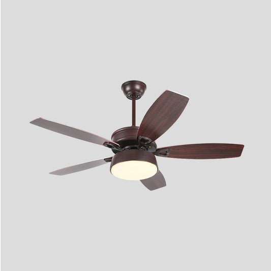 Drum Metallic Ceiling Fan Light Vintage Living Room 50" Wide LED Semi Flush Lamp in Coffee with Acrylic Shade, 5 Blades Clearhalo 'Ceiling Fans with Lights' 'Ceiling Fans' Lighting' 403592