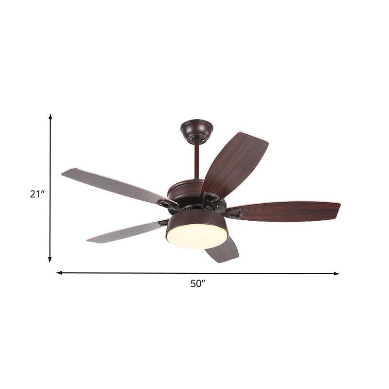 Drum Metallic Ceiling Fan Light Vintage Living Room 50" Wide LED Semi Flush Lamp in Coffee with Acrylic Shade, 5 Blades Clearhalo 'Ceiling Fans with Lights' 'Ceiling Fans' Lighting' 403593