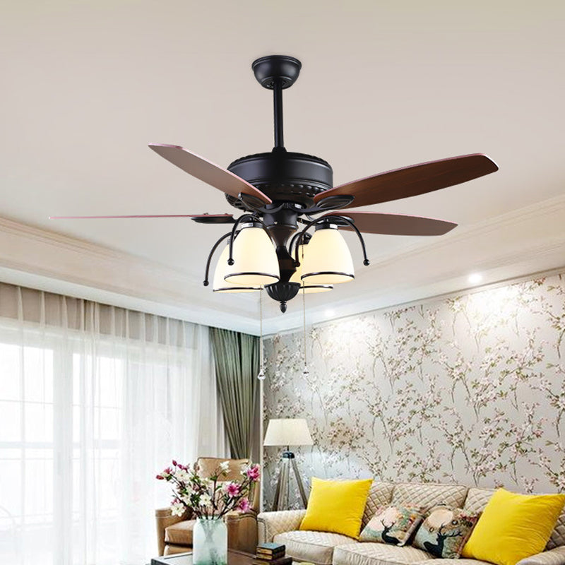 52" W 4 Lights Cup Shape Hanging Fan Light Traditional Black Cream Glass Up/Down Semi Flush Lamp with 5 Brown Blades, General/Frequency Conversion Black Down Clearhalo 'Ceiling Fans with Lights' 'Ceiling Fans' Lighting' 403604
