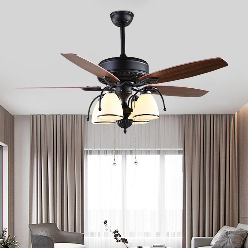 52" W 4 Lights Cup Shape Hanging Fan Light Traditional Black Cream Glass Up/Down Semi Flush Lamp with 5 Brown Blades, General/Frequency Conversion Clearhalo 'Ceiling Fans with Lights' 'Ceiling Fans' Lighting' 403605