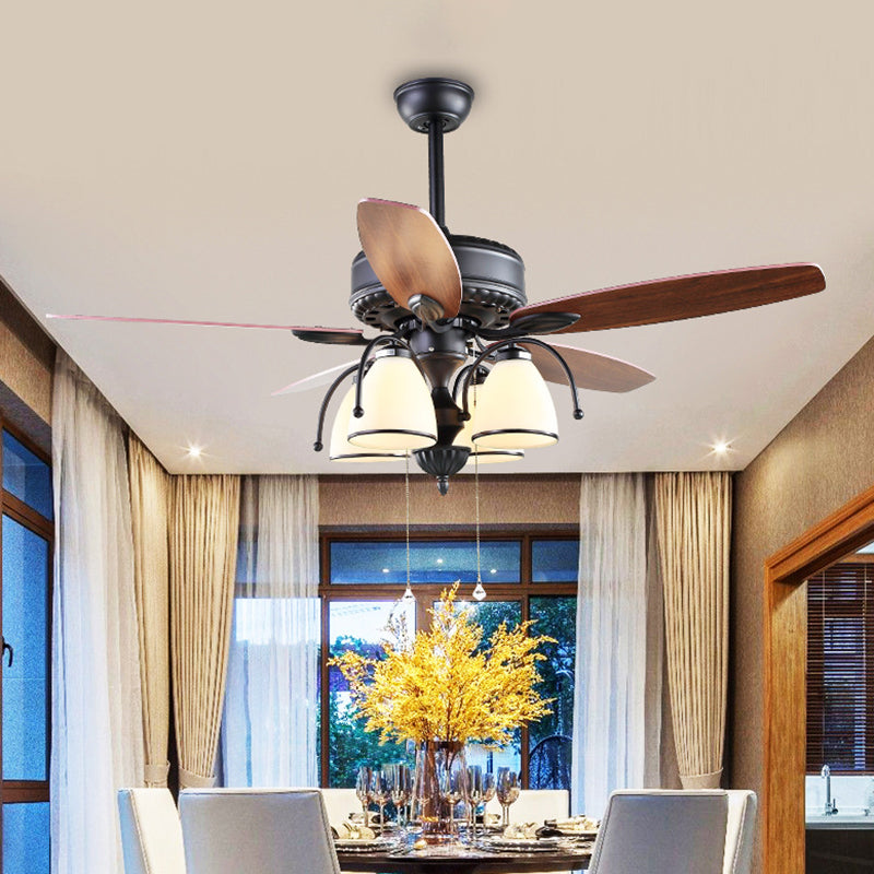 52" W 4 Lights Cup Shape Hanging Fan Light Traditional Black Cream Glass Up/Down Semi Flush Lamp with 5 Brown Blades, General/Frequency Conversion Clearhalo 'Ceiling Fans with Lights' 'Ceiling Fans' Lighting' 403606