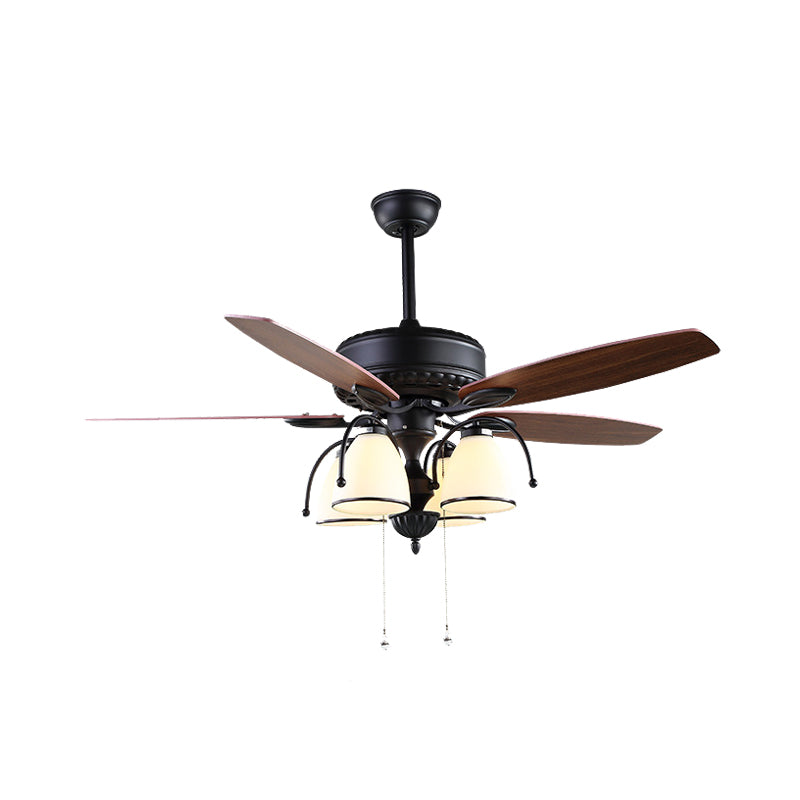 52" W 4 Lights Cup Shape Hanging Fan Light Traditional Black Cream Glass Up/Down Semi Flush Lamp with 5 Brown Blades, General/Frequency Conversion Clearhalo 'Ceiling Fans with Lights' 'Ceiling Fans' Lighting' 403607
