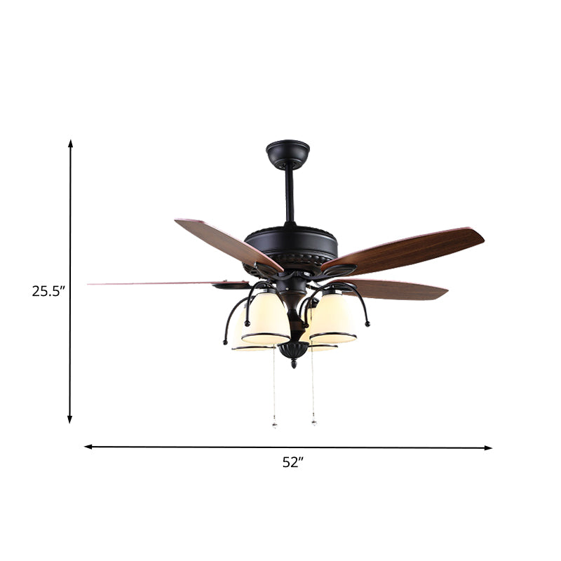 52" W 4 Lights Cup Shape Hanging Fan Light Traditional Black Cream Glass Up/Down Semi Flush Lamp with 5 Brown Blades, General/Frequency Conversion Clearhalo 'Ceiling Fans with Lights' 'Ceiling Fans' Lighting' 403608