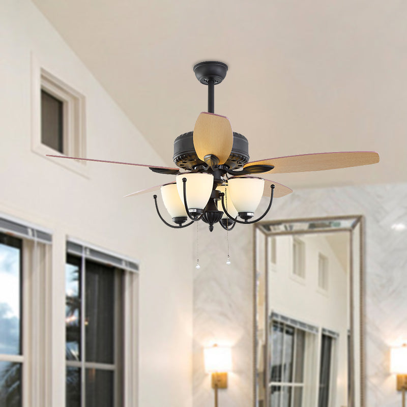 52" W 4 Lights Cup Shape Hanging Fan Light Traditional Black Cream Glass Up/Down Semi Flush Lamp with 5 Brown Blades, General/Frequency Conversion Black Up Clearhalo 'Ceiling Fans with Lights' 'Ceiling Fans' Lighting' 403609