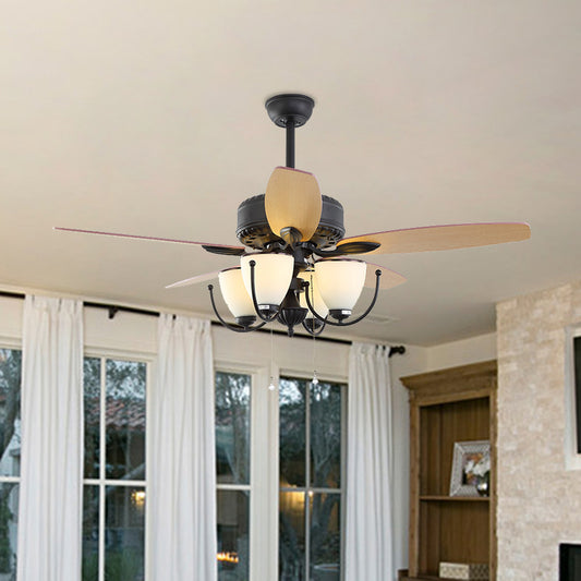 52" W 4 Lights Cup Shape Hanging Fan Light Traditional Black Cream Glass Up/Down Semi Flush Lamp with 5 Brown Blades, General/Frequency Conversion Clearhalo 'Ceiling Fans with Lights' 'Ceiling Fans' Lighting' 403610