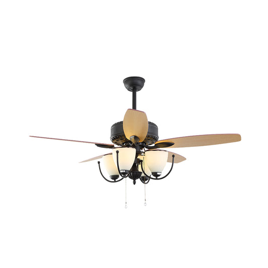 52" W 4 Lights Cup Shape Hanging Fan Light Traditional Black Cream Glass Up/Down Semi Flush Lamp with 5 Brown Blades, General/Frequency Conversion Clearhalo 'Ceiling Fans with Lights' 'Ceiling Fans' Lighting' 403611