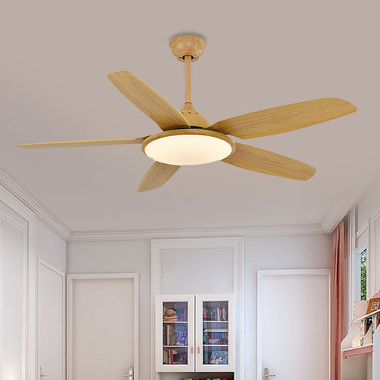 LED Metal Pendant Fan Lighting Minimalist Wood Round Dining Room 6 Blades Semi Flush Mount Ceiling Fixture, 52" Wide Wood Clearhalo 'Ceiling Fans with Lights' 'Ceiling Fans' 'Modern Ceiling Fans' 'Modern' Lighting' 403617