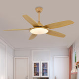 LED Metal Pendant Fan Lighting Minimalist Wood Round Dining Room 6 Blades Semi Flush Mount Ceiling Fixture, 52" Wide Wood Clearhalo 'Ceiling Fans with Lights' 'Ceiling Fans' 'Modern Ceiling Fans' 'Modern' Lighting' 403617