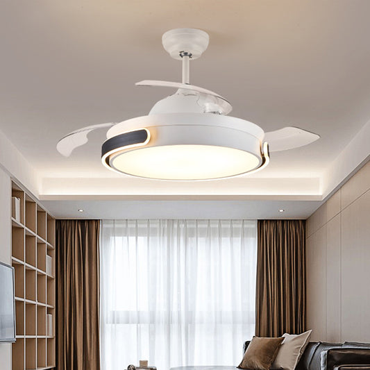 Acrylic Drum 3 Blades Pendant Fan Light Modern Living Room LED Semi Flush Mount Lamp in White with Remote Control, 36"/42" Wide White Clearhalo 'Ceiling Fans with Lights' 'Ceiling Fans' 'Modern Ceiling Fans' 'Modern' Lighting' 403633
