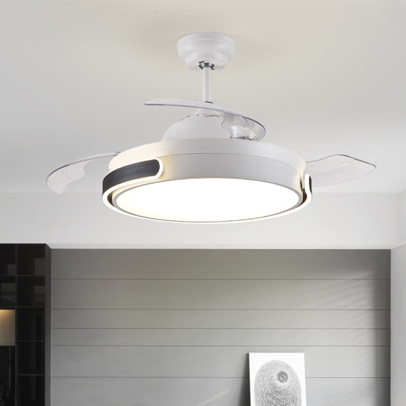 Acrylic Drum 3 Blades Pendant Fan Light Modern Living Room LED Semi Flush Mount Lamp in White with Remote Control, 36"/42" Wide Clearhalo 'Ceiling Fans with Lights' 'Ceiling Fans' 'Modern Ceiling Fans' 'Modern' Lighting' 403635