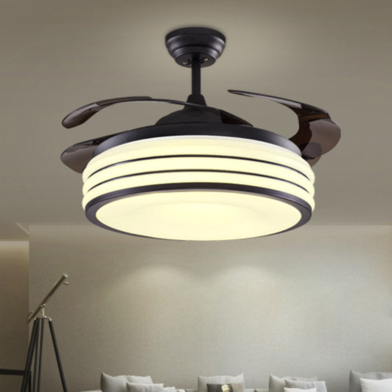 Black/Silver Drum Semi Flush Light Modern Metallic Living Room 42" W LED Ceiling Pendant Fan Lamp with Wall/Remote Control, 4 Blades Clearhalo 'Ceiling Fans with Lights' 'Ceiling Fans' 'Modern Ceiling Fans' 'Modern' Lighting' 403645