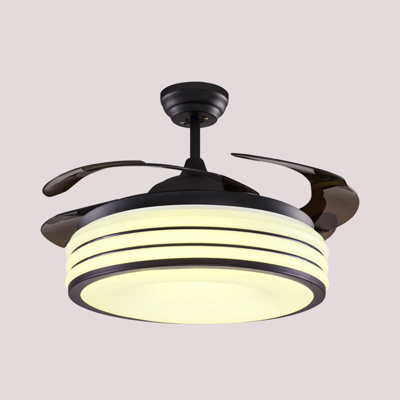 Black/Silver Drum Semi Flush Light Modern Metallic Living Room 42" W LED Ceiling Pendant Fan Lamp with Wall/Remote Control, 4 Blades Clearhalo 'Ceiling Fans with Lights' 'Ceiling Fans' 'Modern Ceiling Fans' 'Modern' Lighting' 403647