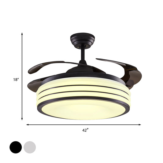 Black/Silver Drum Semi Flush Light Modern Metallic Living Room 42" W LED Ceiling Pendant Fan Lamp with Wall/Remote Control, 4 Blades Clearhalo 'Ceiling Fans with Lights' 'Ceiling Fans' 'Modern Ceiling Fans' 'Modern' Lighting' 403648